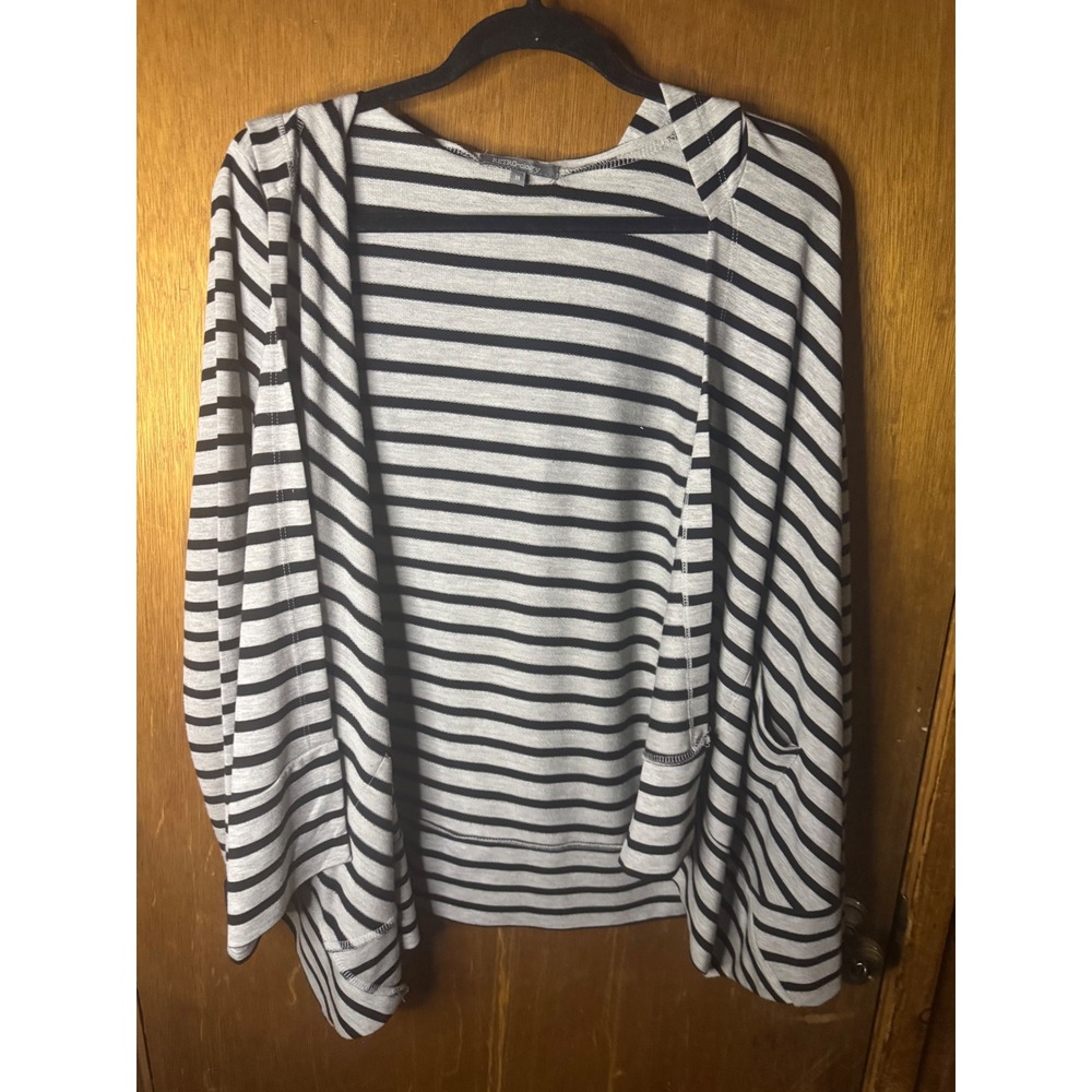 Retro-ology Womens Grey Black Striped Open Front Hooded Cardigan Sweater Medium